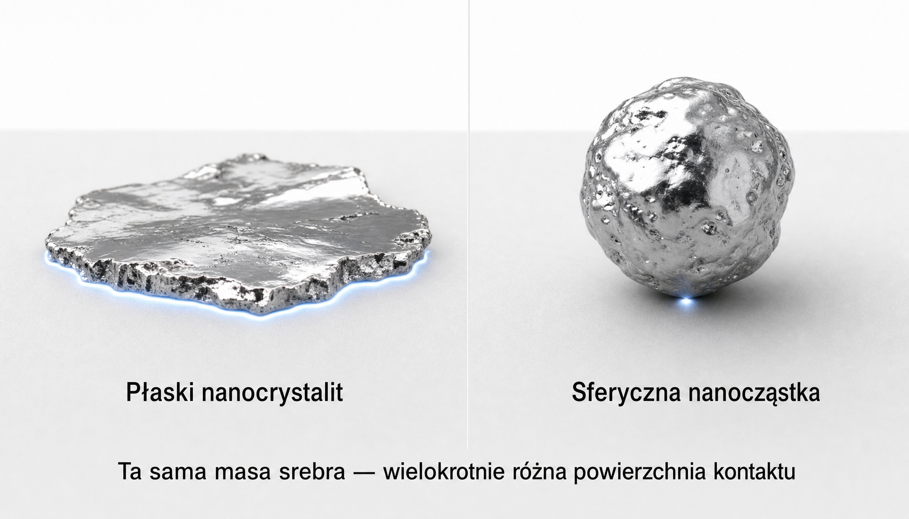 Porównanie powierzchni kontaktu: płaski nanocrystalit Vitacolloids vs sferyczna nanocząstka srebra